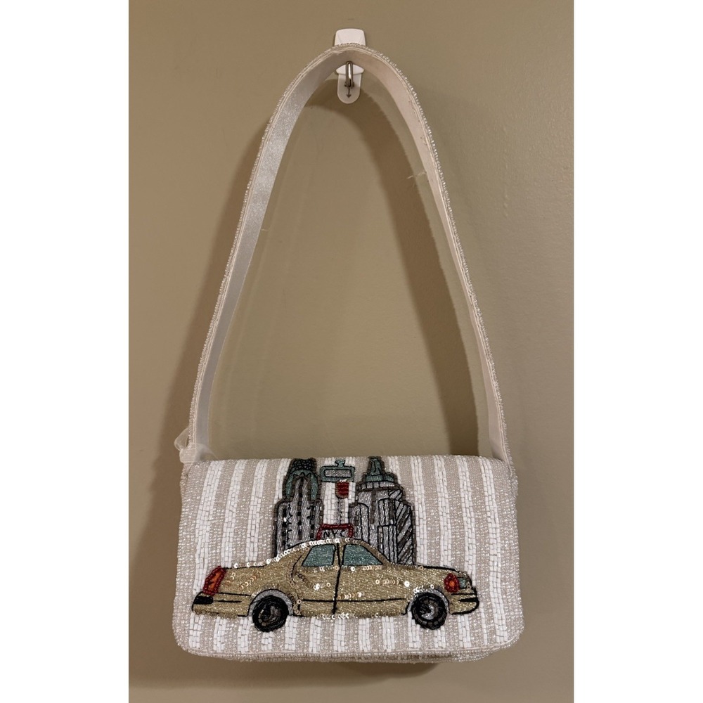 Handcrafted in India Taxi Cab NYC Skyline Strioed Beaded Embroidered Sequin Bag
